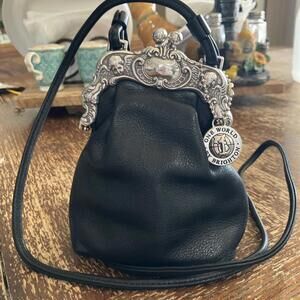 VTG One World By Brighton Black Leather Crossbody Purse W/ Silver Kisslock Clasp